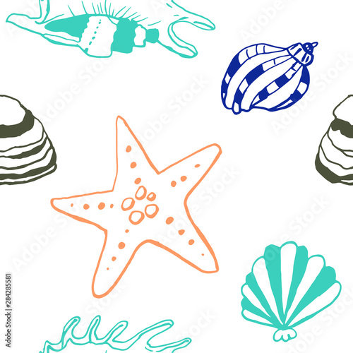 Collection of sea shell ink doodles on white backdrop. Seamless pattern. Endless texture. Can be used for printed materials. Underwater holiday background. Hand drawn design elements. Sea life print.