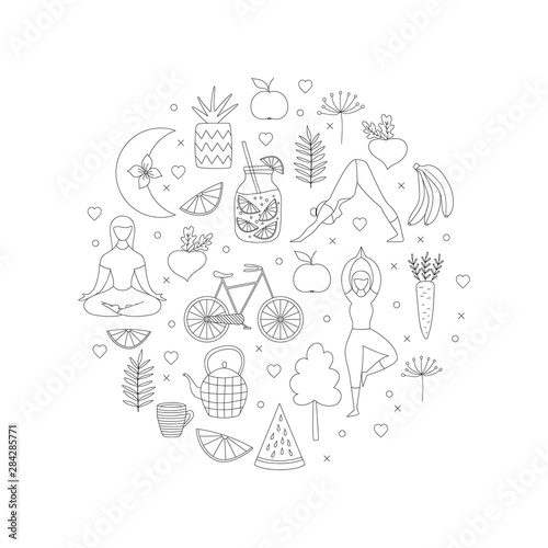 Healthy lifestyle round background. Outline icons pattern. Vector isolated illustration.
