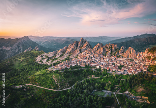 Aerial view of Pietrapertosa rural village in Apennines Dolomiti Lucane. Basilicata, Italy, at sunset