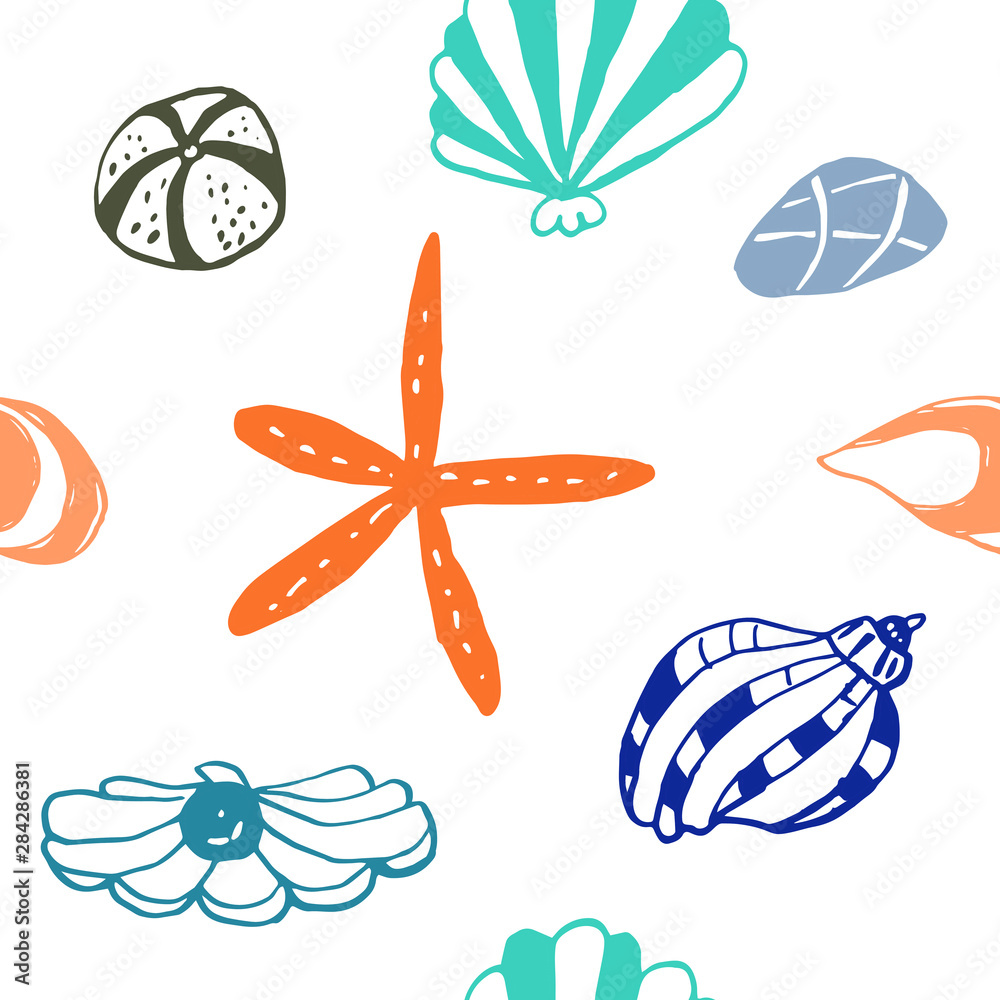 Collection of sea shell ink doodles on white backdrop. Seamless pattern. Endless texture. Can be used for printed materials. Underwater holiday background. Hand drawn design elements. Sea life print.