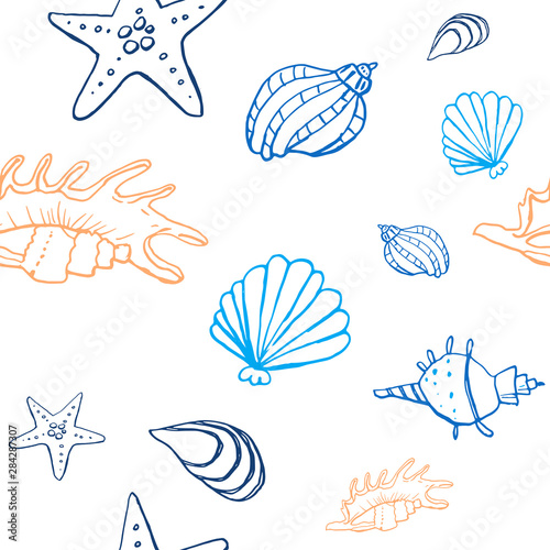 Collection of sea shell ink doodles on white backdrop. Seamless pattern. Endless texture. Can be used for printed materials. Underwater holiday background. Hand drawn design elements. Sea life print.