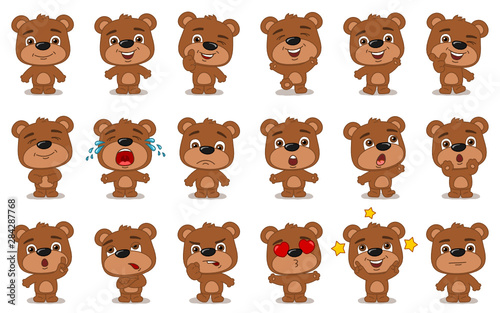 Big set of funny teddy bear in cartoon style in different standing poses and emotions isolated on white background