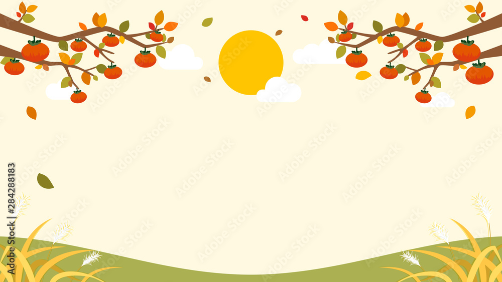 Autumn Chuseok Background vector illustration. Persimmon trees frame with copy space Autumn Chuseok Background vector illustration. Persimmon trees frame with copy space