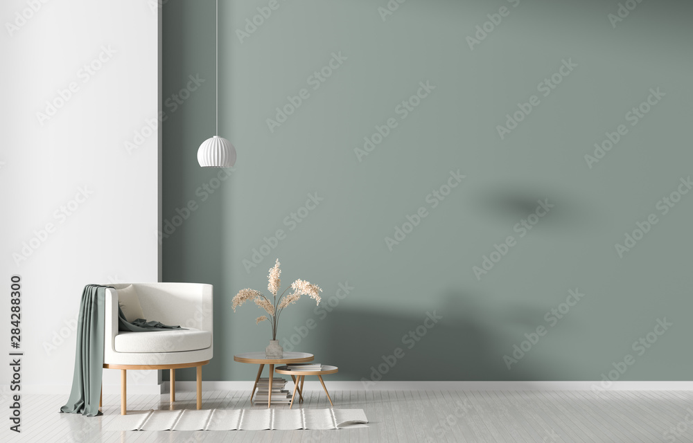 Plakat Pusta ściana w stylu skandynawskim z fotelem. Minimalistyczny wystrój wnętrz. Ilustracja 3D.