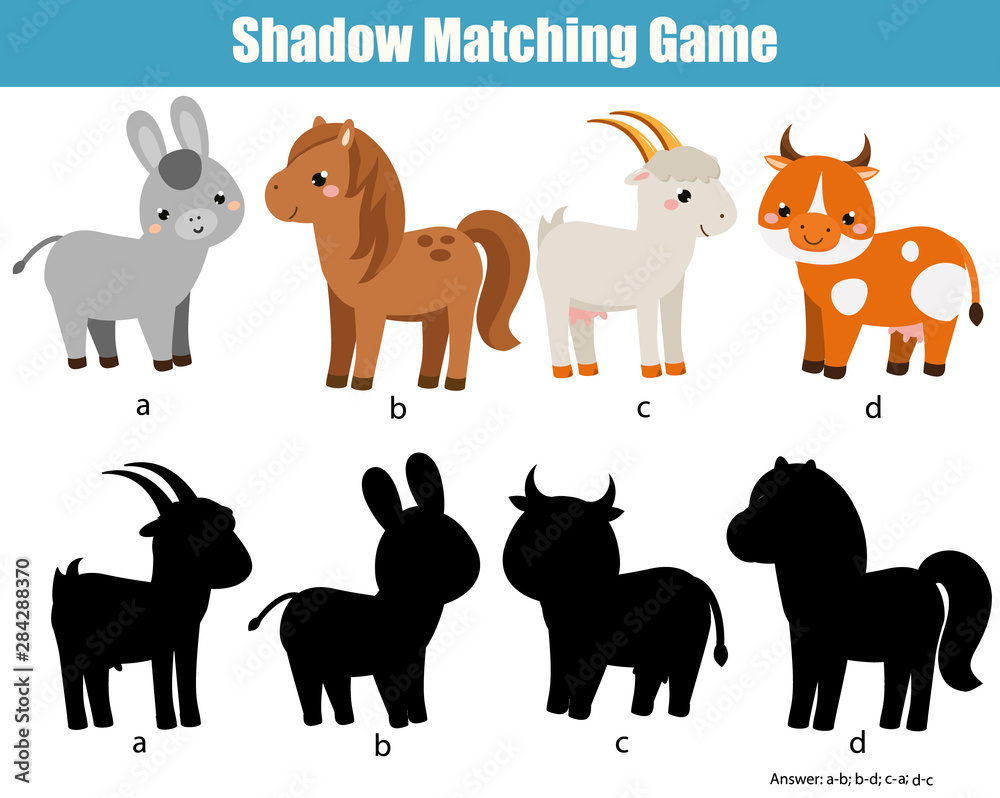 Shadow matching game. Kids activity with farm animals. fun page for toddlers