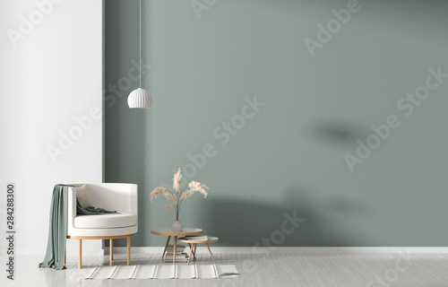 Empty wall in Scandinavian style interior with armchair. Minimalist interior design. 3D illustration.