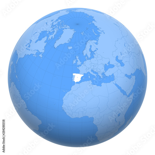 Spain on the globe. Earth centered at the location of the Kingdom of Spain. Map of Spain. Includes layer with capital cities.
