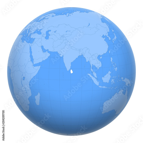 Sri Lanka (Ceylon) on the globe. Earth centered at the location of the Democratic Socialist Republic of Sri Lanka. Map of Sri Lanka. Includes layer with capital cities.