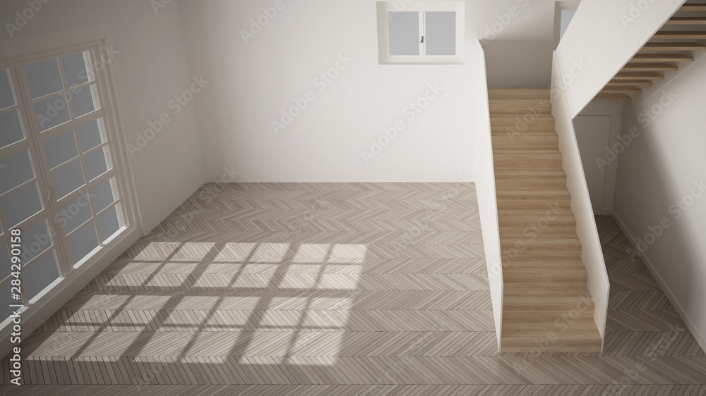 Empty room interior design, open space with white walls, modern style, parquet floor, wooden staircase, minimalist contemporary architecture, concept, mock-up, architecture idea Empty room interior design, open space with white walls, modern style, parquet floor, wooden staircase, minimalist contemporary architecture, concept, mock-up, architecture idea