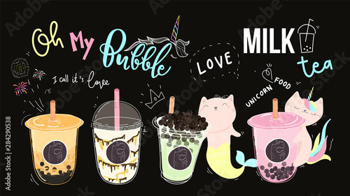Bubble tea cup design collection,Pearl milk tea , Yummy drinks, coffees and soft drinks with doodle style banner . - Vector