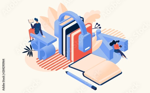 Learning languages concept. Educative classes vector illustration. Education school and travel programs for distance online learning. Books and people, headphones in isometric style