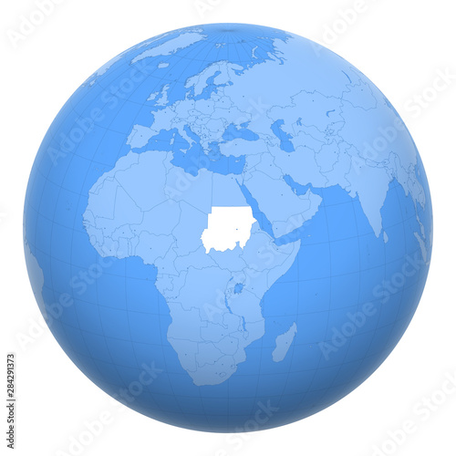 Sudan on the globe. Earth centered at the location of the Republic of the Sudan. Map of Sudan. Includes layer with capital cities.