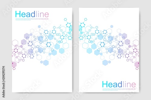 Vector templates for brochure magazine leaflet flyer cover booklet annual report. Modern futuristic hexagonal pattern with particle, molecule structure for medical, technology, chemistry, science.