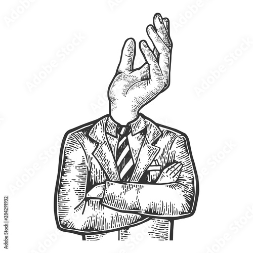 Businessman with beggar hand gesture instead head sketch engraving vector illustration. Scratch board style imitation. Black and white hand drawn image.