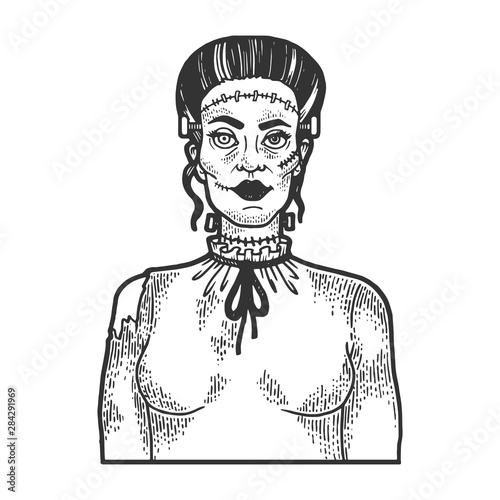 Fabulous artificial monster zombie woman sketch engraving vector illustration. Scratch board style imitation. Black and white hand drawn image.