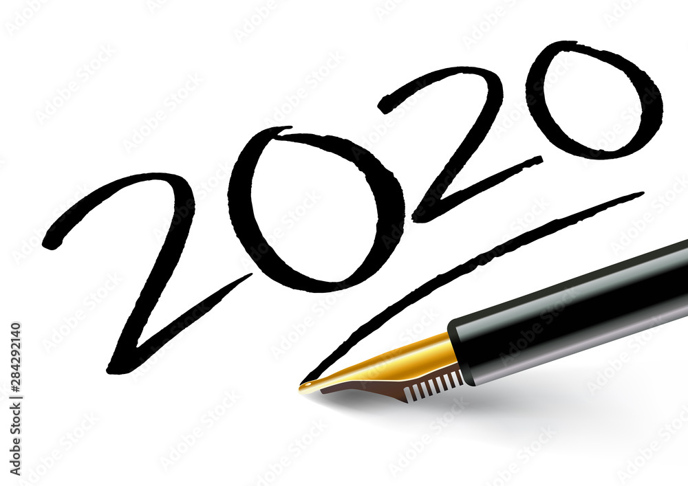 œux 2020 inscrit sur un papier blanc à l'encre noir avec un stylo