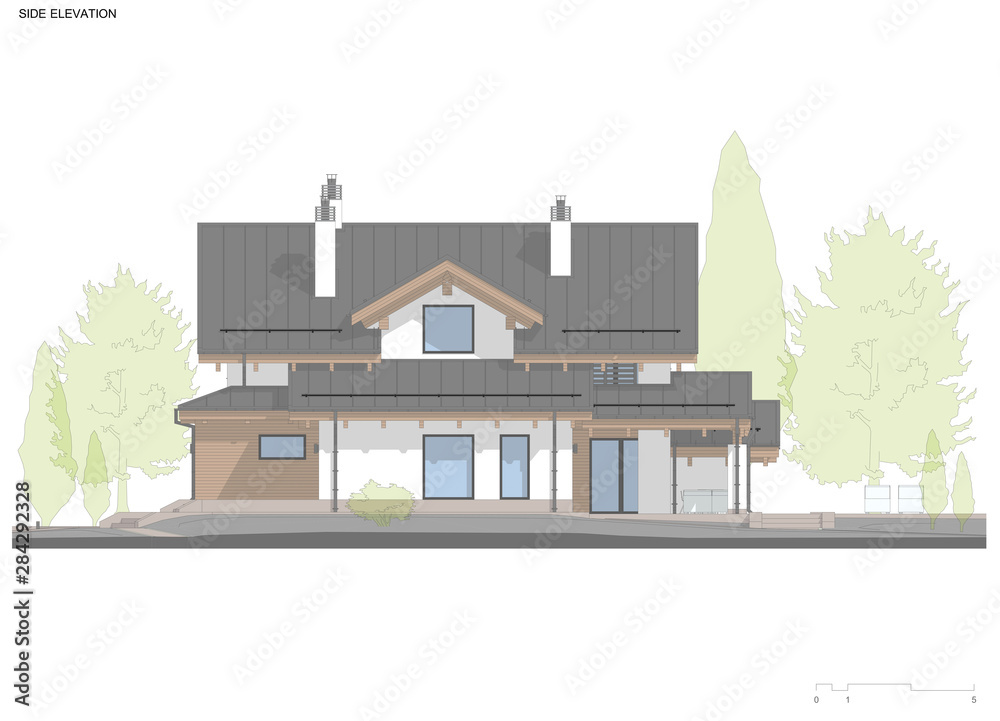 Color drawings of modern cozy house in chalet style for sale or rent. Aqua crayon style with hand drawing entourage.