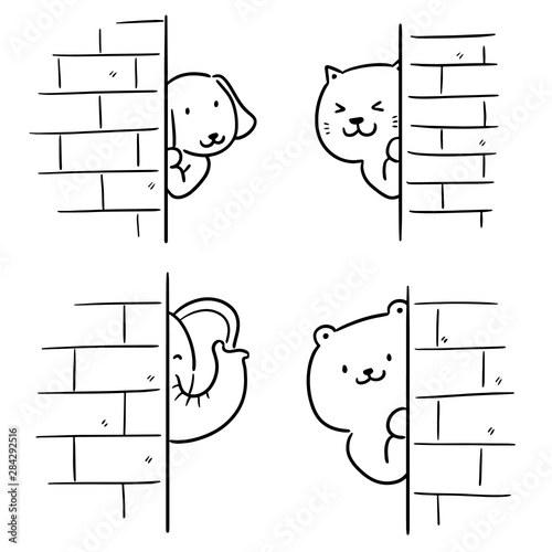 vector set of animal hiding behind wall