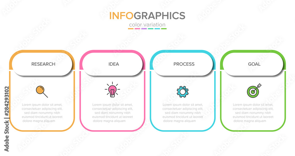 Concept of arrow business model with 4 successive steps. Four colorful rectangular elements. Timeline design for brochure, presentation. Infographic design layout.