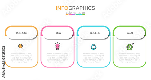 Concept of arrow business model with 4 successive steps. Four colorful rectangular elements. Timeline design for brochure, presentation. Infographic design layout.