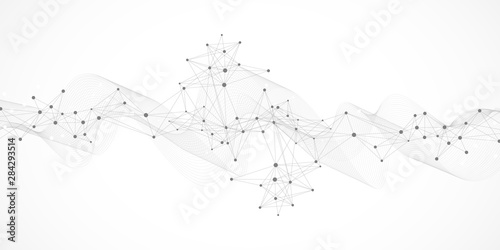 Big data visualization. Geometric abstract background visual information complexity. Futuristic infographics design. Technology background with connected line and dots, wave flow. Vector illustration