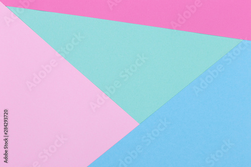 Paper pink, blue, pastel, green empty background, geometrically located. Color blank for presentations, copy space.