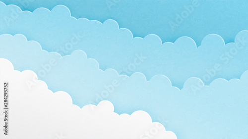 Abstract blue clouds in the sky background in paper cut style. Paper art origami made cloudscape layer. Vector illustration design for backdrop, wallpaper, poster, banner, template, book cover.