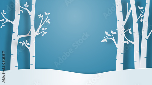 Winter landscape view background in paper cut style. Vector illustration with snow field and tree in forest. Design for poster, wallpaper, backdrop, banner, cover, template.