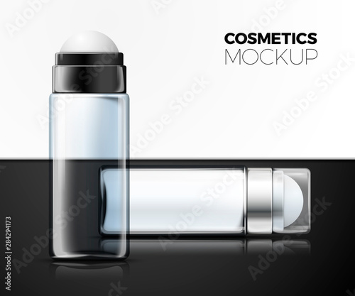 Vector set - 3d realistic transparent deodorant bottles, standing on the table, isolated on black and white backgrounds with reflection.  Mock-up for product package branding.