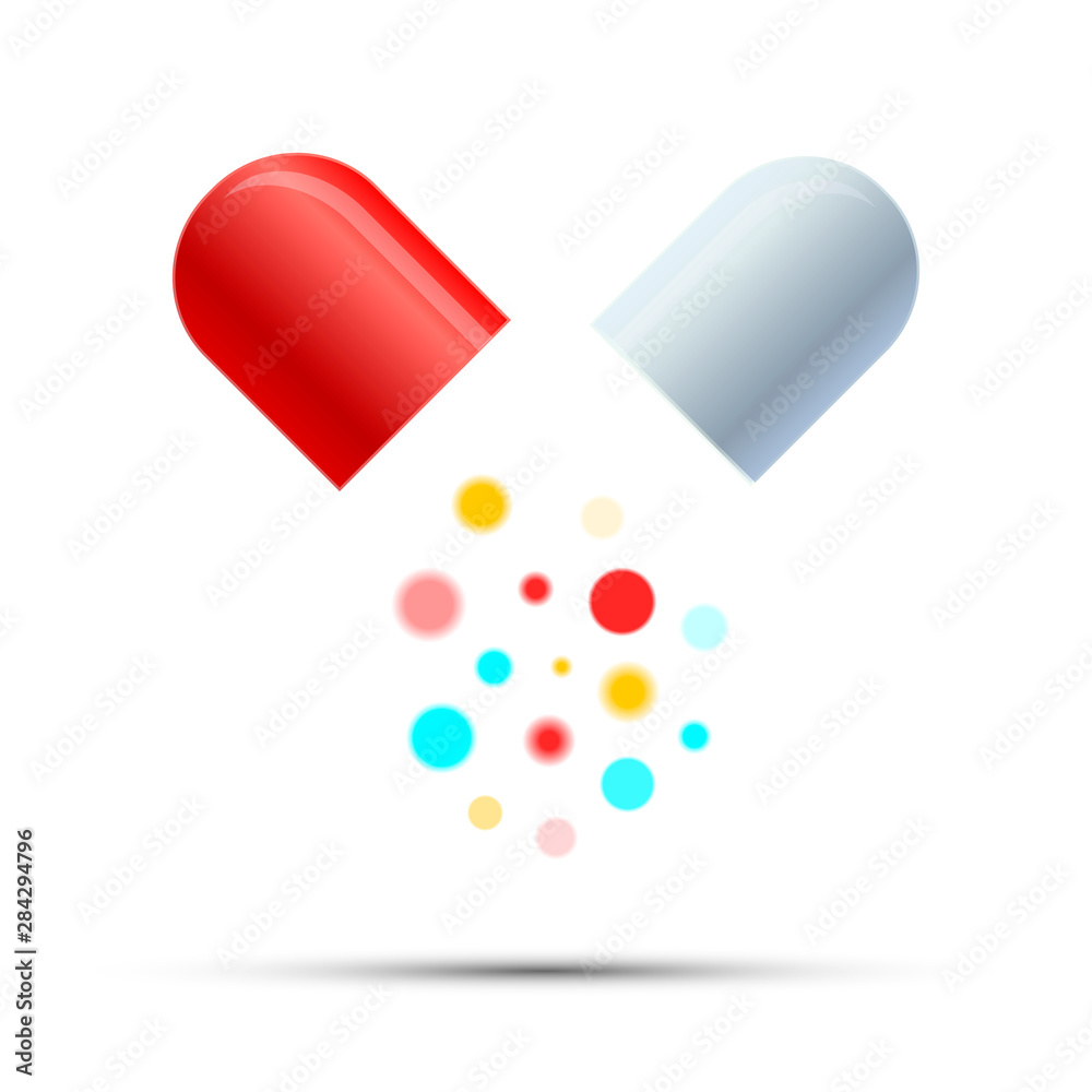 Open medicine pill with colorful active components on white Open medicine pill with colorful active components on white