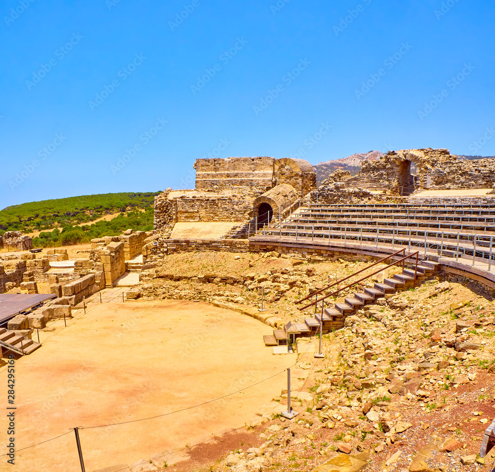 Remains of the Roman Theatre of the Baelo Claudia Archaeological Site. Tarifa, Cadiz. Andalusia, Spain.