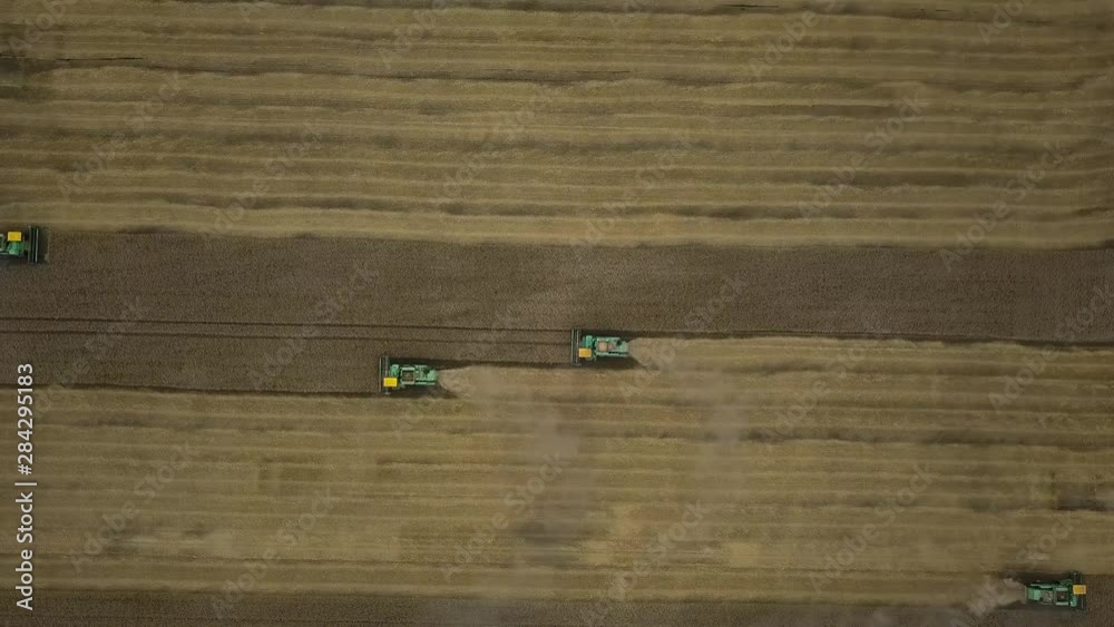 Large combines harvest the ripened cereal crop on the farm fields. Seasonal rye. Summer autumn food. Shooting top view drone. Large combines harvest the ripened cereal crop on the farm fields. Seasonal rye. Summer autumn food. Shooting top view drone.