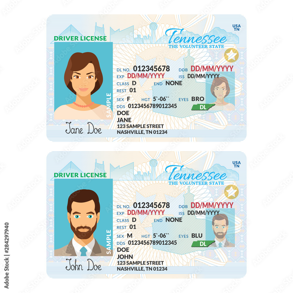 Vector Template Of Sample Driver License Plastic Card For USA Tennessee