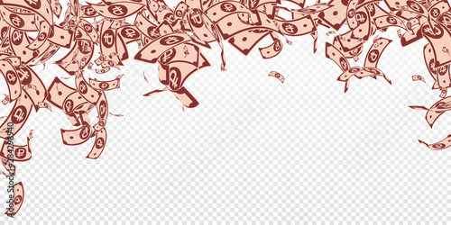 Russian ruble notes falling. Messy RUB bills on tr