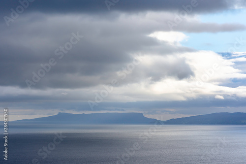 Moody sky above lake with islands.Beautiful landscape of Scotland  UK.