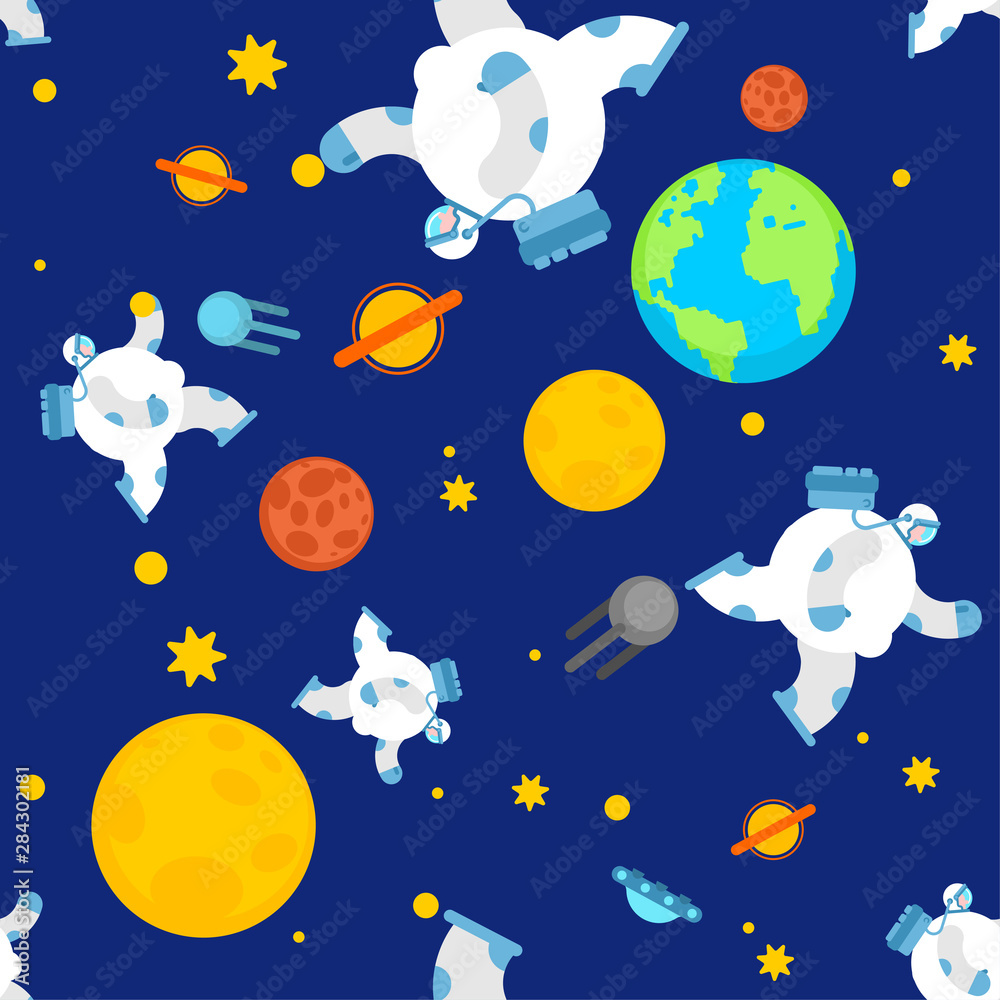 Fat astronaut space pattern seamless. Thick cosmonaut background. Stout spaceman ornament. Universe Baby cloth textire