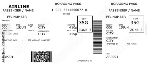 airline boarding pass air travel flight ticket isolated on white paper background top down plain view of airplane passenger document for trip with dummy lettering and code design copy space mockup