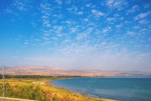 The Sea of Galilee, Lake of Gennesaret. Sea landscape on Northern Israel. Panoramic view of Tiberias in Galilee