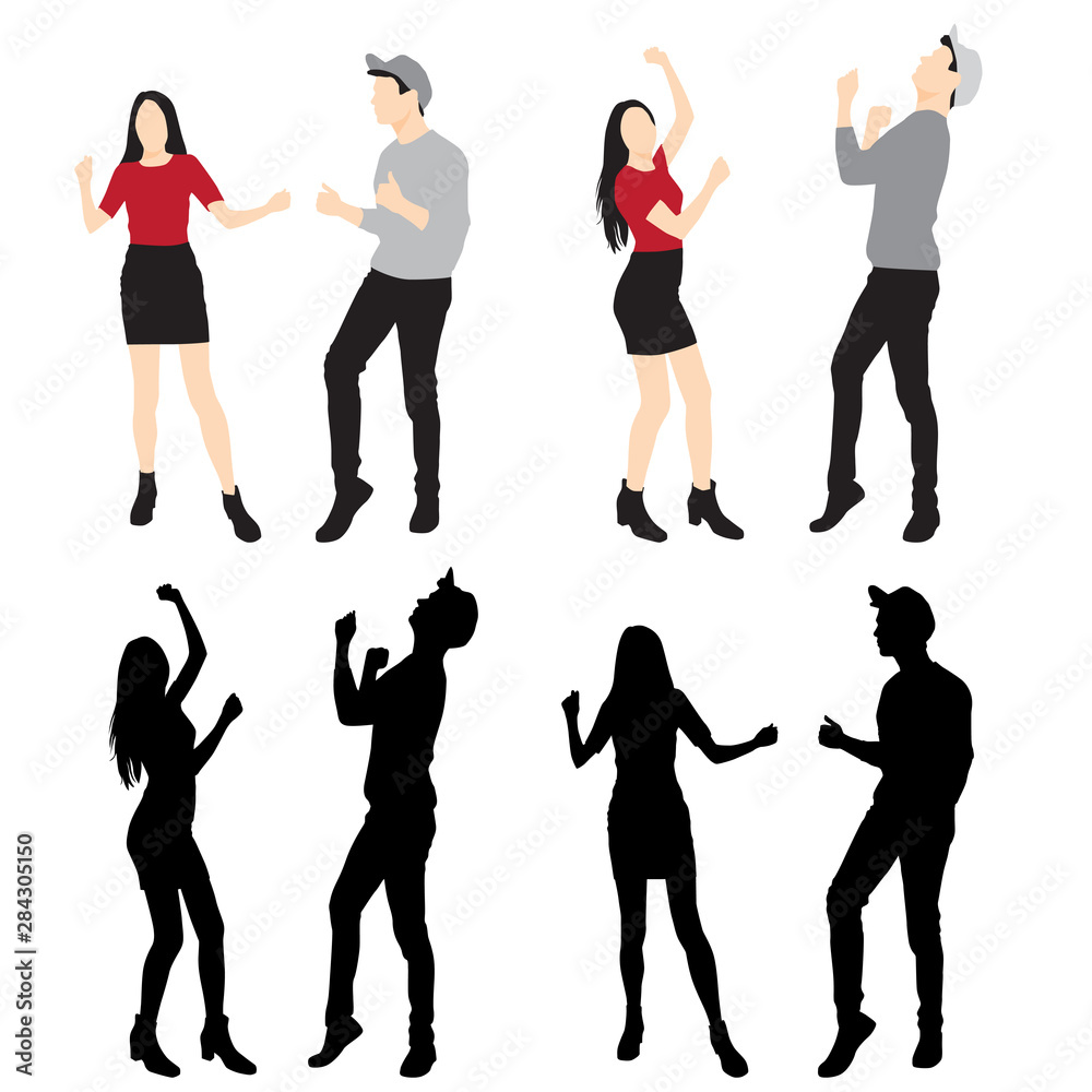 Fototapeta premium Set of men and women standing, hands up, dancing in various poses, cartoon character, group business people , vector silhouette, flat designe icon, different colors, isolated on white background