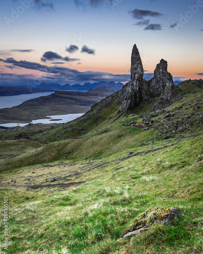 Old man of Storr photographed at twilight.Famous landmark on Isle of Skye, Scotland.