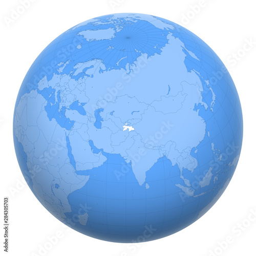Tajikistan on the globe. Earth centered at the location of the Republic of Tajikistan. Map of Tajikistan. Includes layer with capital cities.