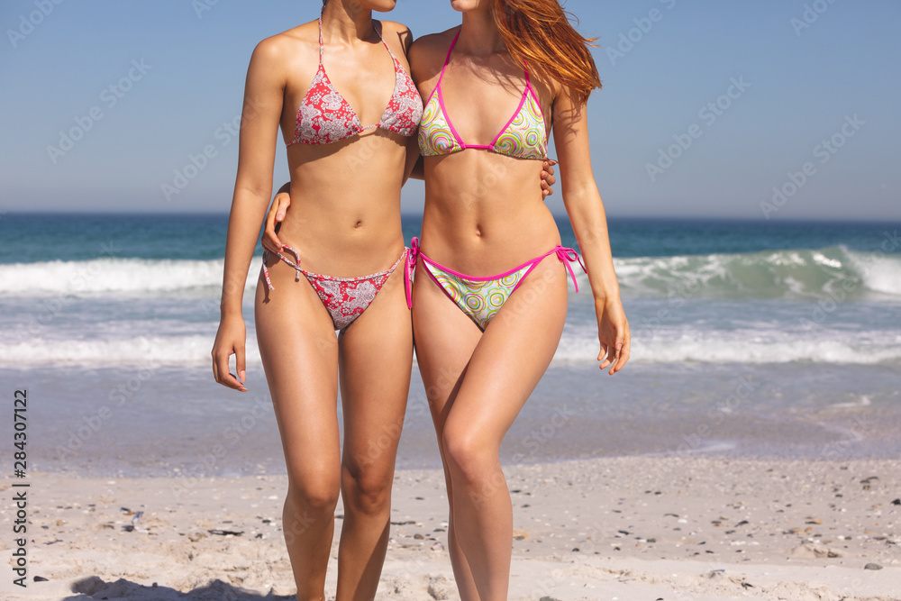 Female friends in bikini standing together on the beach Female friends in bikini standing together on the beach