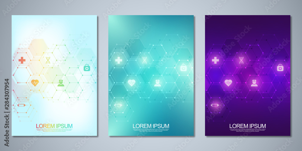 Template brochure or cover book, page layout, flyer design. Concept and idea for health care business, innovation medicine, pharmacy, technology. Medical background with flat icons and symbols.