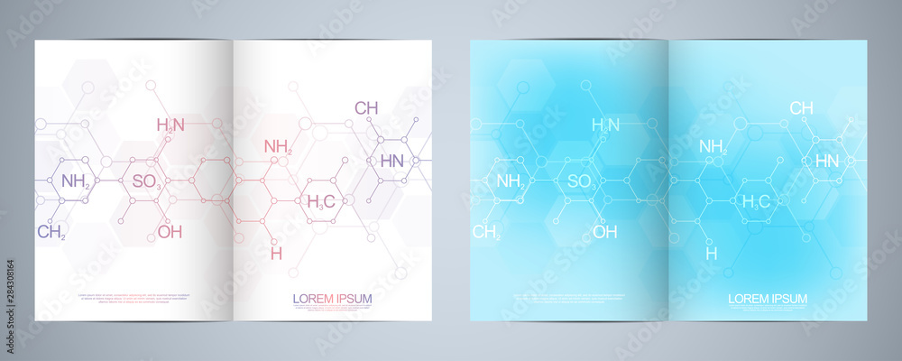 Template brochure or cover design, book, flyer with abstract chemistry background and chemical formulas. Concept and idea for science and innovation technology.