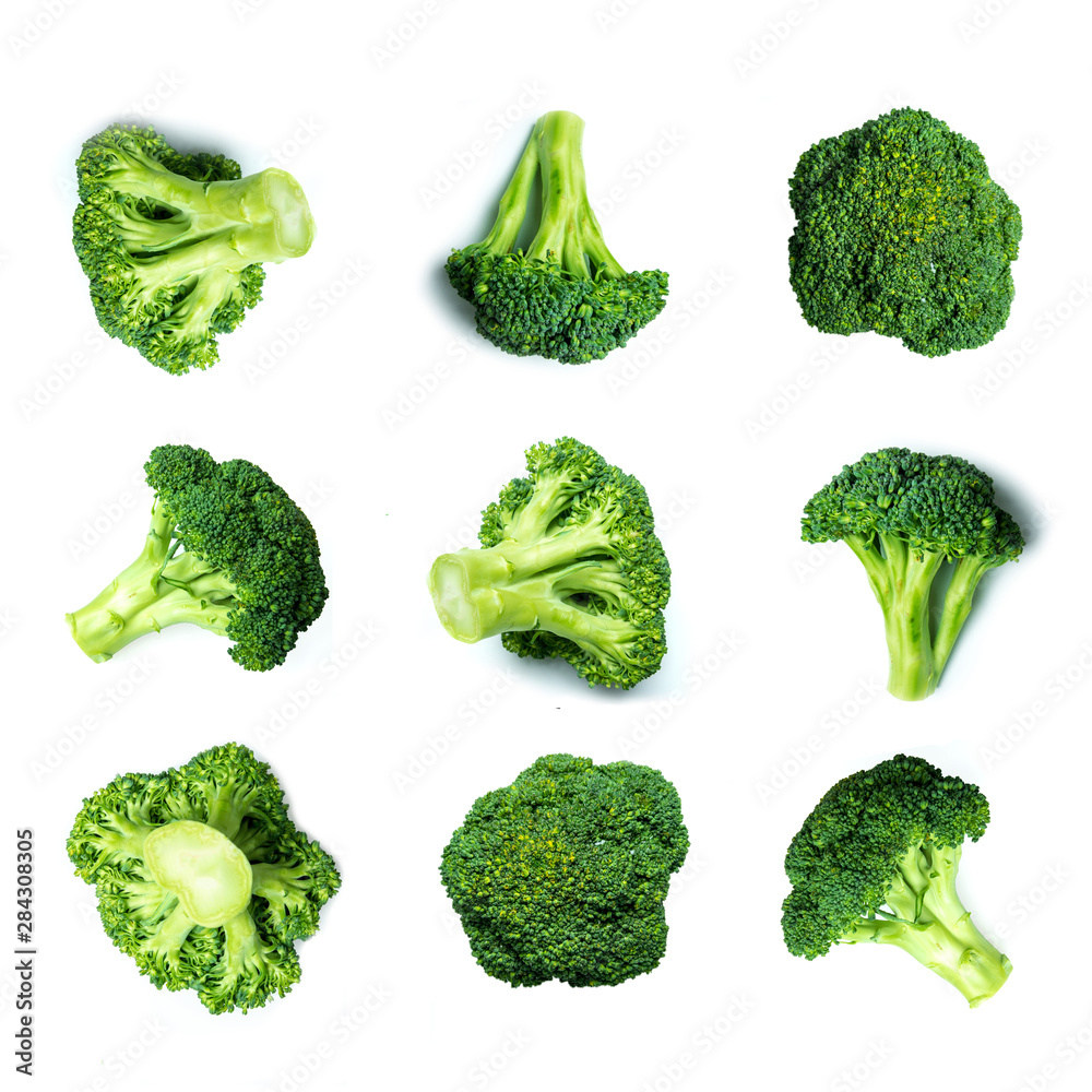 Vegetables pattern with broccoli. Raw broccoli collection isolated on white background.