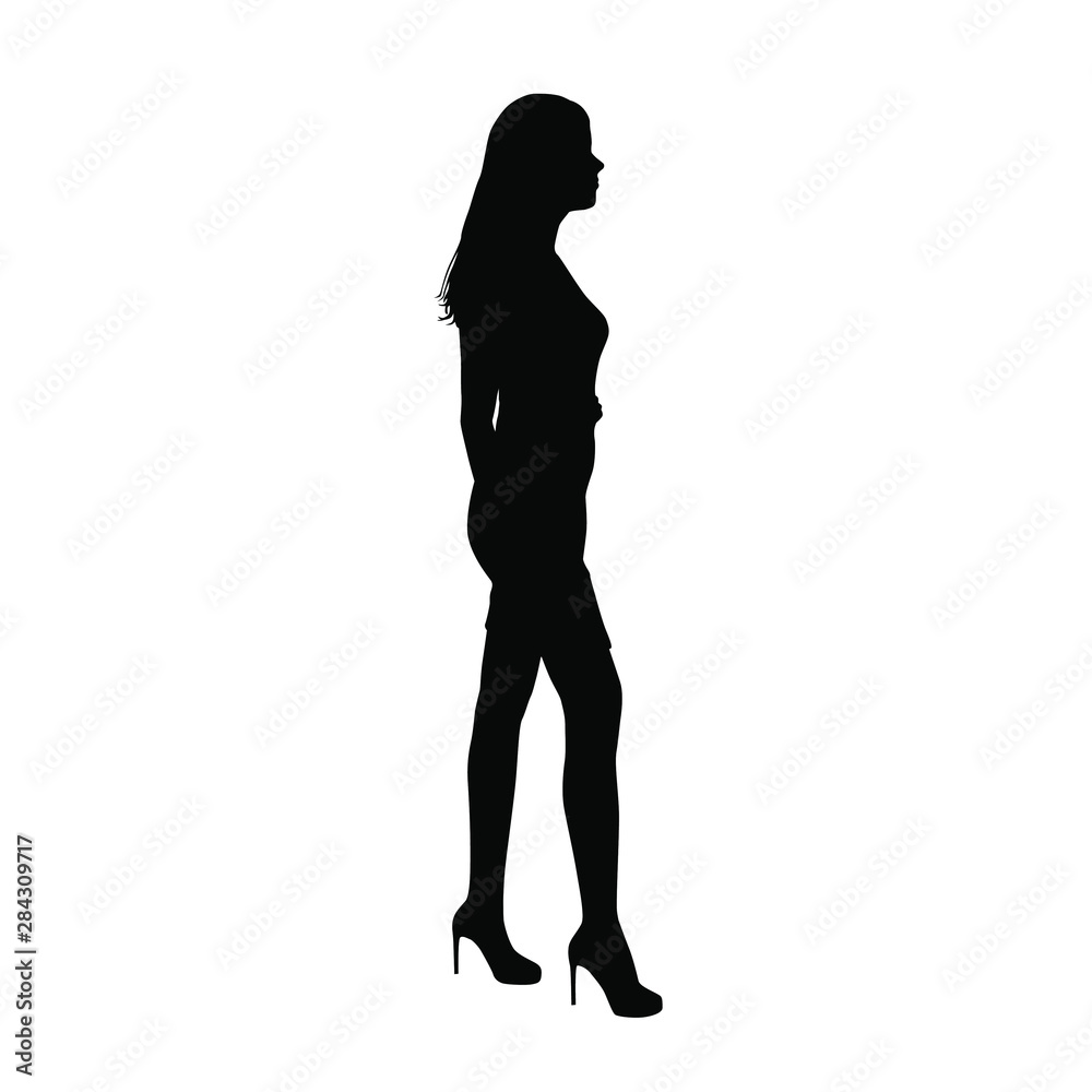 Silhouette of a woman in summer dress standing profile, business people,vector illustration, black color, isolated on white background