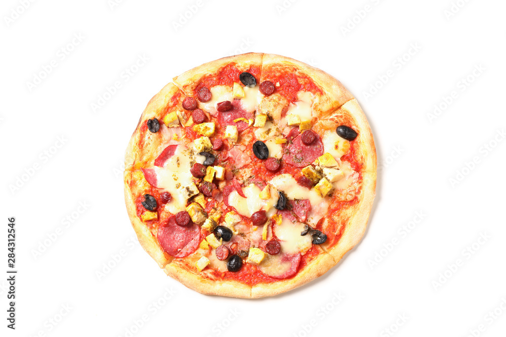 Pizza with sausage, meat, cheese and olives isolated on white background Pizza with sausage, meat, cheese and olives isolated on white background