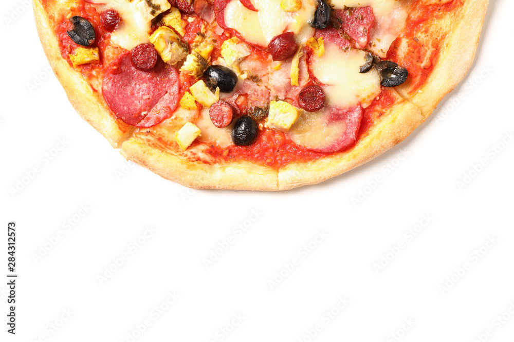 Pizza with sausage, meat, cheese and olives isolated on white background Pizza with sausage, meat, cheese and olives isolated on white background