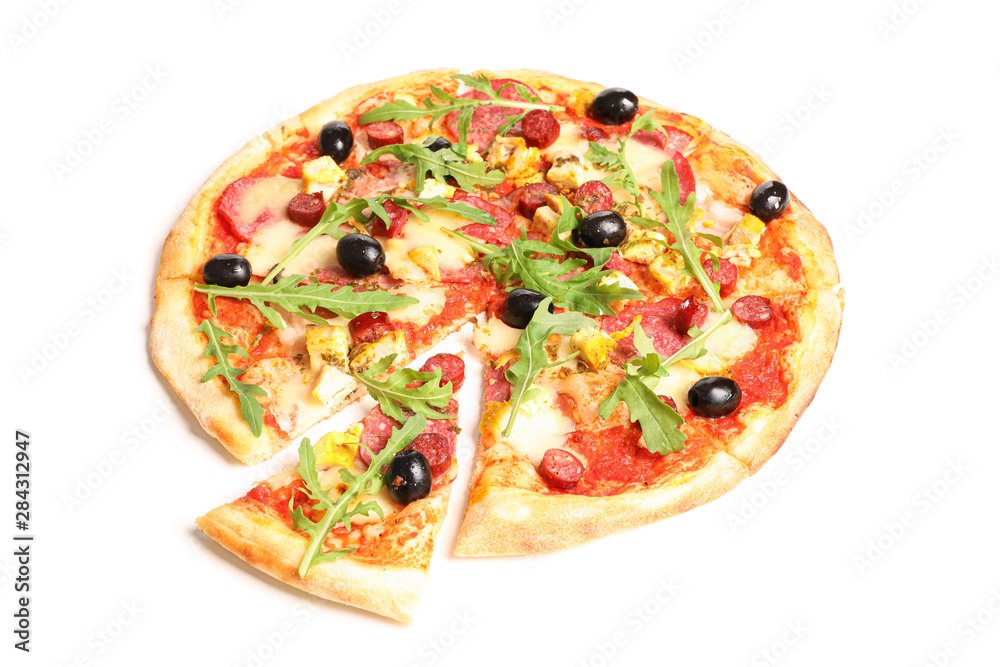Meat pizza with arugula isolated on white background Meat pizza with arugula isolated on white background