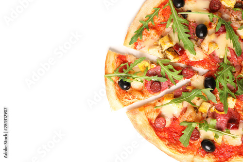 Meat pizza with arugula isolated on white background, top view